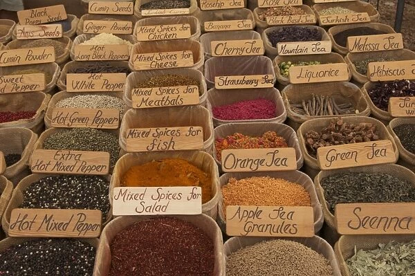 Spices and teas for sale in market, Kas, Antalya Province, Turkey, october