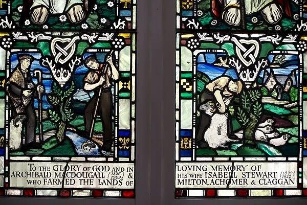 Stained glass window depicting farming (in memory of Archibald MacDougall and Isabell Stewart), Kenmore Kirk, Kenmore