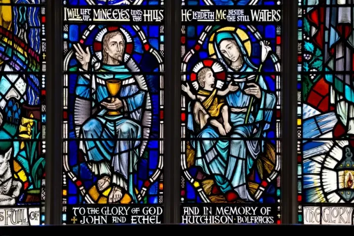 Framed Print : Stained glass window depicting Mother and Child and Jesus (in memory of John and Ethel Hutchison), Kenmore Kirk Framed Print : Stained glass window depicting Mother and Child and Jesus (in memory of John and Ethel Hutchison), Kenmore Kirk