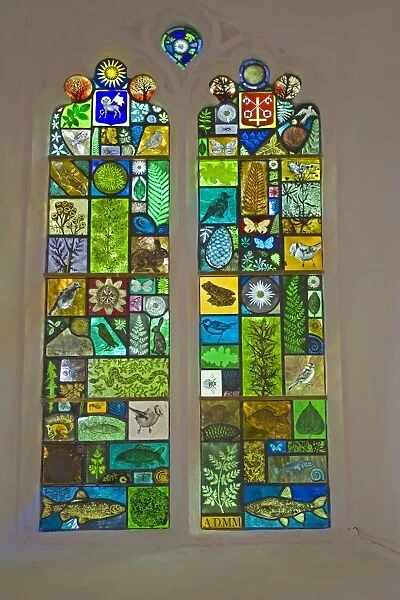 Stained glass window depicting nature, St. Peters Church, Guestwick, Norfolk, England