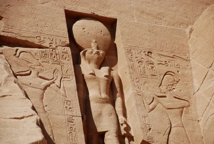 Framed Print : Statue of falcon-headed sun god Ra-Horakhty decorating facade of temple, The Great Temple, Abu Simbel, Nubia, Egypt Framed Print : Statue of falcon-headed sun god Ra-Horakhty decorating facade of temple, The Great Temple, Abu Simbel, Nubia, Egypt