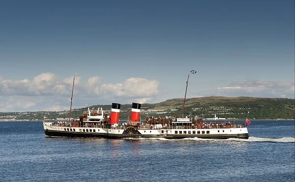 Steam powered paddle boat with tourists, Waverley, Dunoon, Firth of Clyde, Argyll and Bute, Scotland, august
