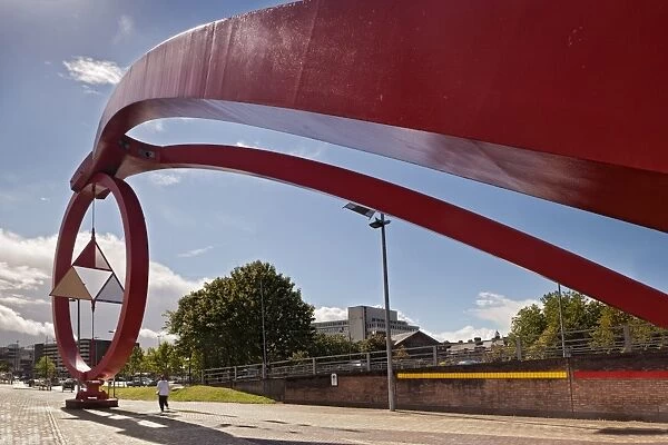 Steel sculpture on waterfront, The Wave, River Usk, Newport, South Wales, Wales, september