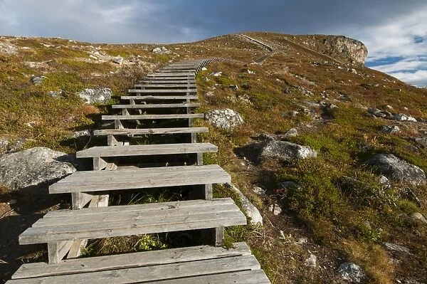 Steps leading to summit of fell, Saana Fell, Kilpisjarvi, Enontekio, Lapland, Finland, September