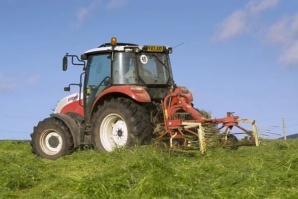 Steyr tractor with tedder, turning grass in upland hay meadow, Cumbria, England, July