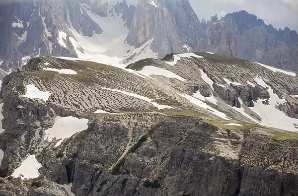 Stone stripes from frost heave in high altitude tundra, Tre Cime, Dolomites, Italian Alps, Italy, June