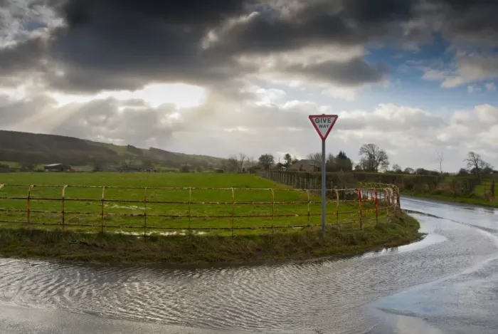 Framed Print : Stormclouds, Cheshire railings, Give Way sign and puddles on road, Thornley, Preston, Lancashire, England, december Framed Print : Stormclouds, Cheshire railings, Give Way sign and puddles on road, Thornley, Preston, Lancashire, England, december