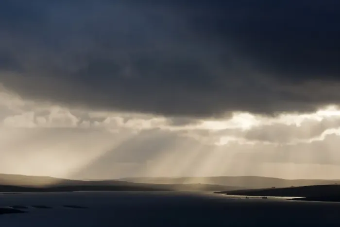 Framed Print : Stormy evening sky with sunbeams over coastline, looking towards Yell, Fetlar, Shetland Islands, Scotland, June Framed Print : Stormy evening sky with sunbeams over coastline, looking towards Yell, Fetlar, Shetland Islands, Scotland, June
