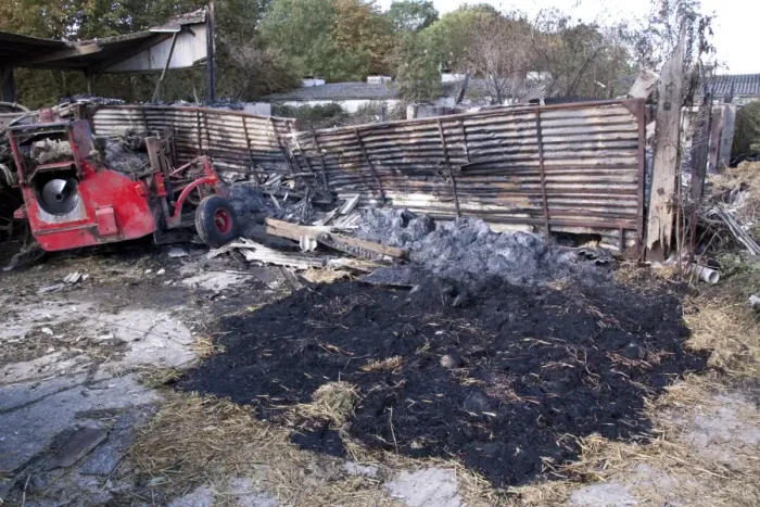 Framed Print : Straw fire in farm yard barn probably coursed by a sugar beat harvesters being parked to closed to the stacked straw Framed Print : Straw fire in farm yard barn probably coursed by a sugar beat harvesters being parked to closed to the stacked straw