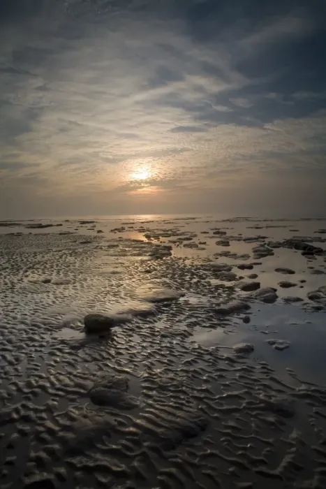 Framed Print : Sunrise over beach at low tide, The Naze, Essex, England, june