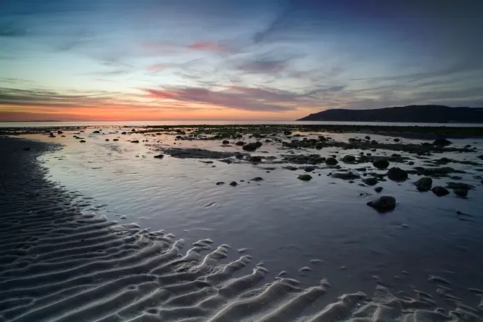 Framed Print : Sunset over distant peninsula and beach at low tide, Conwy Sands, Conwy, Wales, may Framed Print : Sunset over distant peninsula and beach at low tide, Conwy Sands, Conwy, Wales, may
