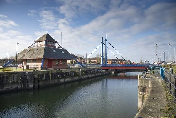 Swing bridge at entrance of dock and marina, River Ribble, Preston Dock, Preston, Lancashire England, February
