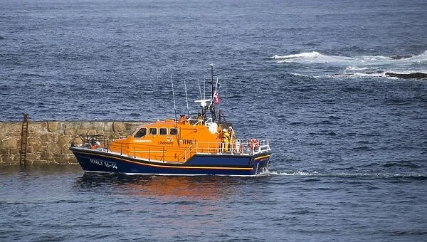 Tamar class lifeboat at sea, Sennen Cove, Sennen, Cornwall, England, May
