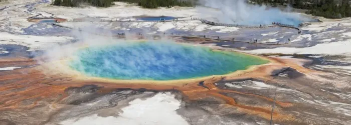 Framed Print : Thermophile bacterial mats and steam rising from hotspring, with tourists on boardwalk, Grand Prismatic Spring Framed Print : Thermophile bacterial mats and steam rising from hotspring, with tourists on boardwalk, Grand Prismatic Spring
