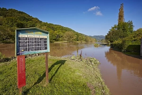 Tidal Zone information board, with high tide causing flooding, Brockweir, River Wye, Forest of Dean, Gloucestershire