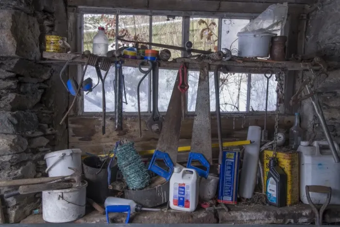 Framed Print : Tools and containers inside stone barn on farm, Braesteads Farm, Grisedale, Lake District, Cumbria, England, January Framed Print : Tools and containers inside stone barn on farm, Braesteads Farm, Grisedale, Lake District, Cumbria, England, January