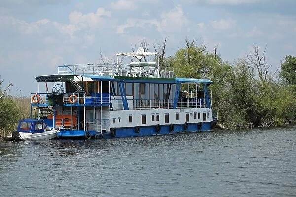 Tourist pontoon boat, Tulcea, River Danube, Danube Delta, Dobrogea, Romania, may