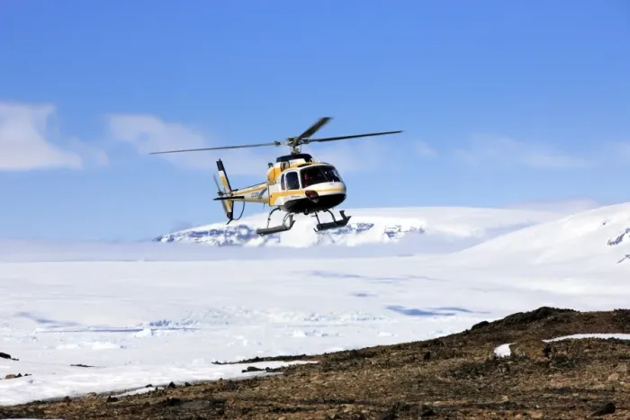 Framed Print : Tourists in helicopter, Devil Island, Weddell Sea, Antarctica, December