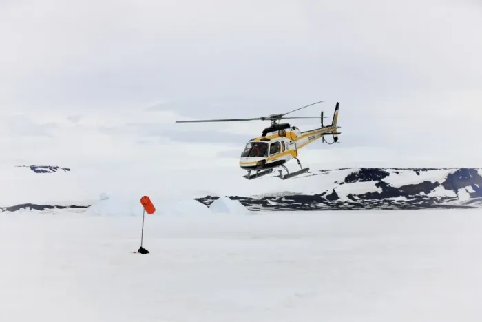 Framed Print : Tourists in helicopter, landing on snow, Devil Island, Weddell Sea, Antarctica, December Framed Print : Tourists in helicopter, landing on snow, Devil Island, Weddell Sea, Antarctica, December