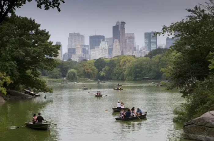 Framed Print : Tourists in rowing boats on boating lake in city parkland, with skyline of skyscrapers in background, Central Park Framed Print : Tourists in rowing boats on boating lake in city parkland, with skyline of skyscrapers in background, Central Park