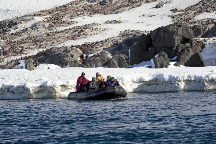 Framed Print : Tourists in Zodiac inflatable boat, leaving Adelie Penguin (Pygoscelis adeliae) nesting colony, Half Moon Island Framed Print : Tourists in Zodiac inflatable boat, leaving Adelie Penguin (Pygoscelis adeliae) nesting colony, Half Moon Island