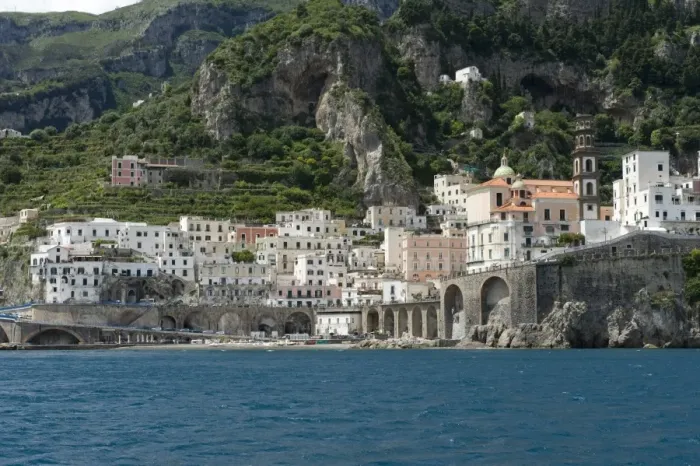 Framed Print : Town of Atrani near Amalfi seen from a boat on the Bay of Salerno, Province of Salerno, Campania, Italy May Framed Print : Town of Atrani near Amalfi seen from a boat on the Bay of Salerno, Province of Salerno, Campania, Italy May