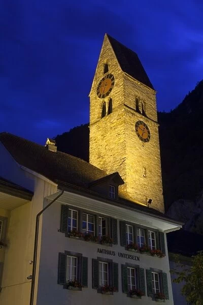 Town church illuminated at night, Unterseen, Interlaken, Bernese Oberland, Switzerland, August