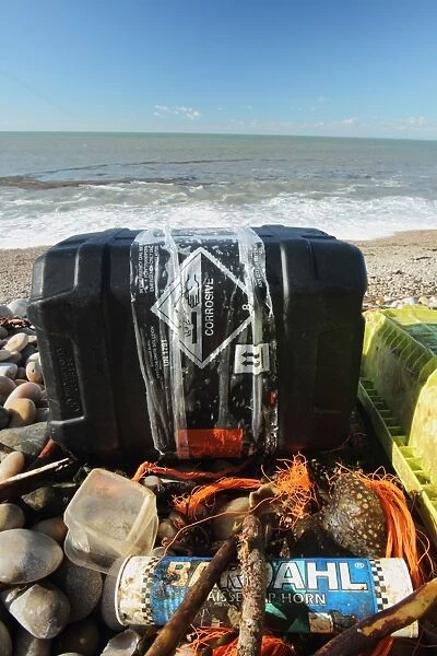 Toxic drum washed up on beach, Chesil Beach, Dorset, England, November
