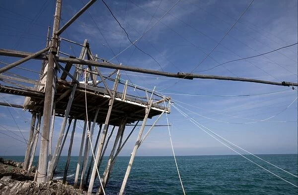 Trabucco fishing platform, ancient design, possibly Phoenicean, near Vieste, Gargano Peninsula, Apulia, Italy, april