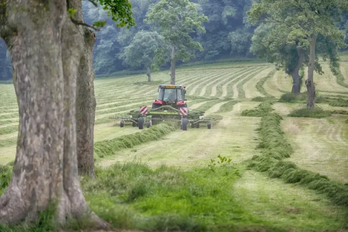 Framed Print : Tractor with tedder rowing mowed grass in field with mature trees, Grimsargh, Preston, Lancashire, England, July Framed Print : Tractor with tedder rowing mowed grass in field with mature trees, Grimsargh, Preston, Lancashire, England, July