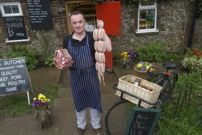 Framed Print : Traditional village butcher outside shop, Sandridgebury, Hertfordshire, England, april