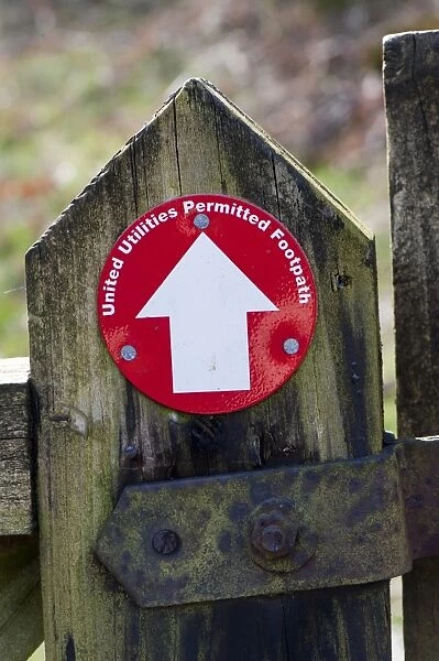 United Utilities Permitted Footpath direction sign on footpath gate, England, april