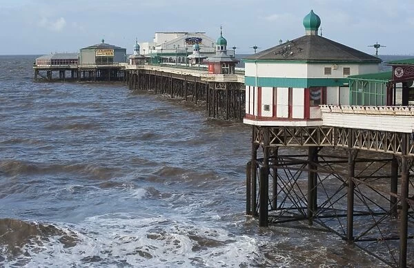 Victorian pier in seaside resort town, North Pier, Blackpool, Lancashire, England, january