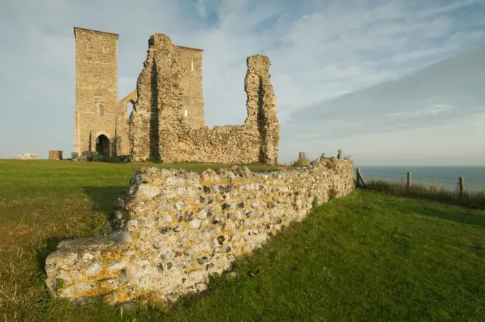Framed Print : View of 12th Century ruined church and coast, St. Marys Church, Reculver, Kent, England, August Framed Print : View of 12th Century ruined church and coast, St. Marys Church, Reculver, Kent, England, August