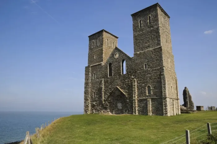 Framed Print : View of 12th Century ruined church and coast, St. Marys Church, Reculver Country Park, Reculver, Kent, England, August Framed Print : View of 12th Century ruined church and coast, St. Marys Church, Reculver Country Park, Reculver, Kent, England, August