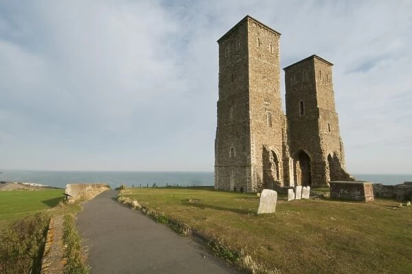 View of 12th Century ruined church and coast, St. Marys Church, Reculver, Kent, England, August