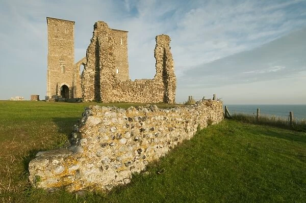 View of 12th Century ruined church and coast, St. Marys Church, Reculver, Kent, England, August