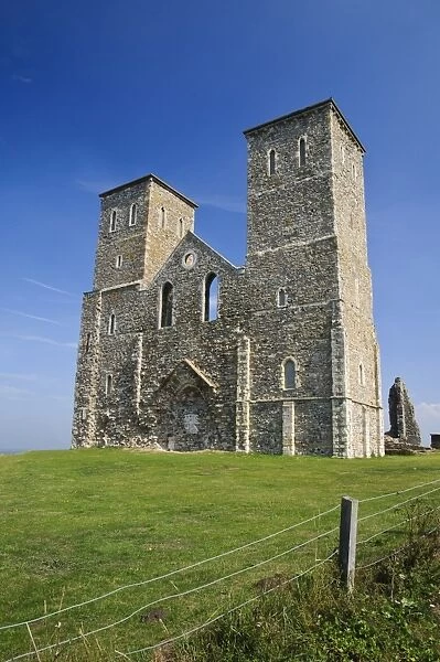 View of 12th Century ruined church and coast, St. Marys Church, Reculver Country Park, Reculver, Kent, England, August