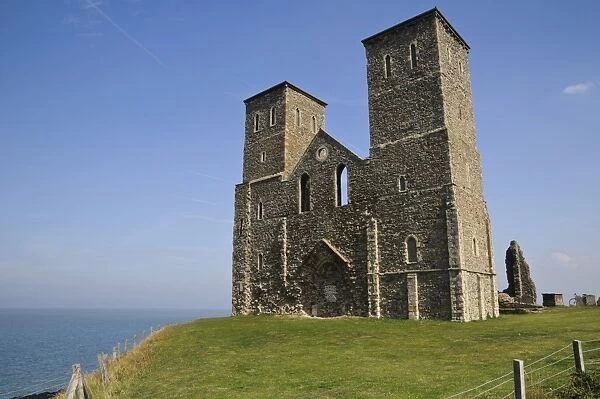 View of 12th Century ruined church and coast, St. Marys Church, Reculver Country Park, Reculver, Kent, England, August