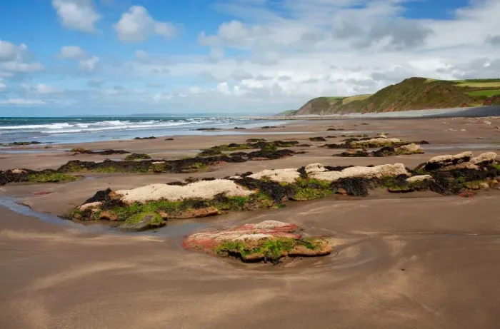 Framed Print : View of beach at low tide, looking towards Saunton and Baggy Point, Peppercombe, North Devon, England, august Framed Print : View of beach at low tide, looking towards Saunton and Baggy Point, Peppercombe, North Devon, England, august