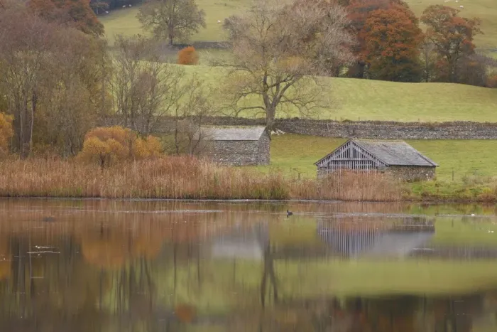 Framed Print : View of boathouse beside lake in autumn, Esthwaite Water, Lake District, Cumbria, England, October