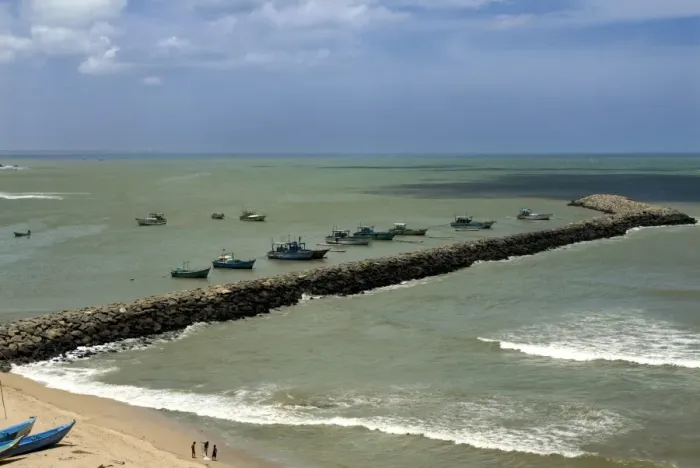 Framed Print : View of breakwater with moored fishing boats, confluence of Indian Ocean, Arabian Sea and Bay of Bengal Framed Print : View of breakwater with moored fishing boats, confluence of Indian Ocean, Arabian Sea and Bay of Bengal