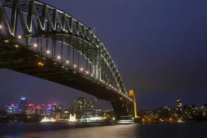 Framed Print : View of bridge and city skyline at night, Sydney Harbour Bridge, Sydney Harbour, Sydney, New South Wales, Australia Framed Print : View of bridge and city skyline at night, Sydney Harbour Bridge, Sydney Harbour, Sydney, New South Wales, Australia