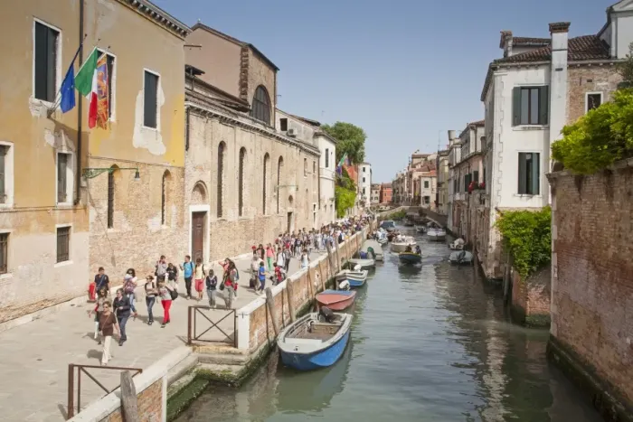 Framed Print : View of canal and tourists walking on canalside street, Fondamenta Santa Caterina, Canareggio District, Venice, Veneto Framed Print : View of canal and tourists walking on canalside street, Fondamenta Santa Caterina, Canareggio District, Venice, Veneto