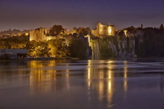 Framed Print : View of castle on cliff overlooking river at twilight, Chepstow Castle, Chepstow, River Wye, Wye Valley, Monmouthshire Framed Print : View of castle on cliff overlooking river at twilight, Chepstow Castle, Chepstow, River Wye, Wye Valley, Monmouthshire