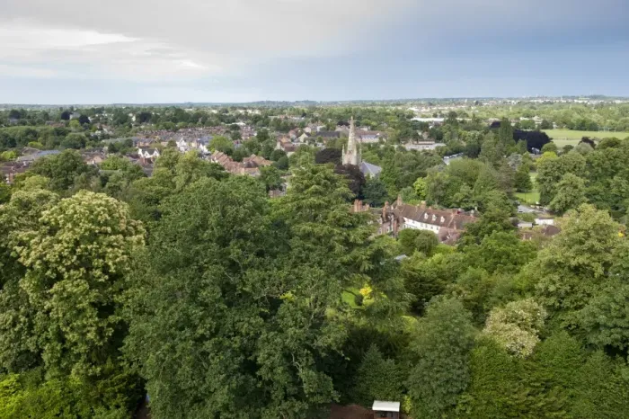 Framed Print : View from castle overlooking trees and town, Warwick Castle, Warwick, Warwickshire, England, August