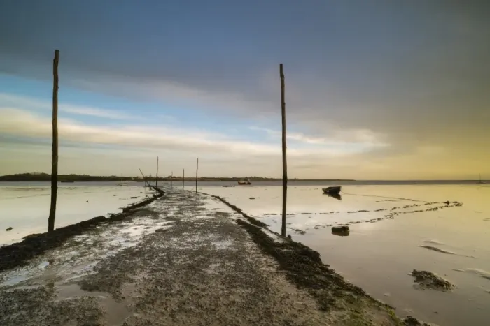 Framed Print : View of causeway and slipway at sunrise, Harty Ferry Causeway, Oare Creek, Oare, Faversham, North Kent, England Framed Print : View of causeway and slipway at sunrise, Harty Ferry Causeway, Oare Creek, Oare, Faversham, North Kent, England