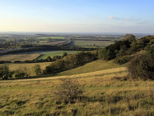 View of chalk grassland on hillside and distant M40 Motorway, Aston Rowant N. N. R