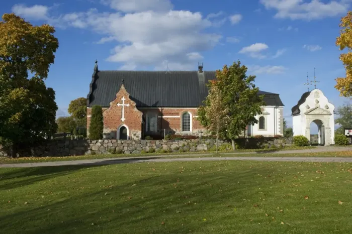 Framed Print : View of church, Osterlovsta, Uppsala County, Uppland, Sweden, october