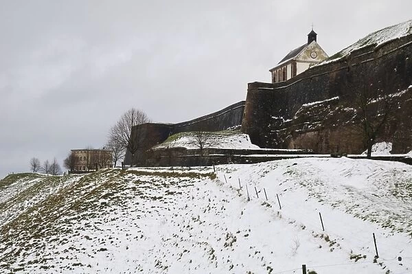 View of citadel in snow, Citadelle de Bitche, Bitche, Vosges Regional Natural Park, Lorraine, France, December